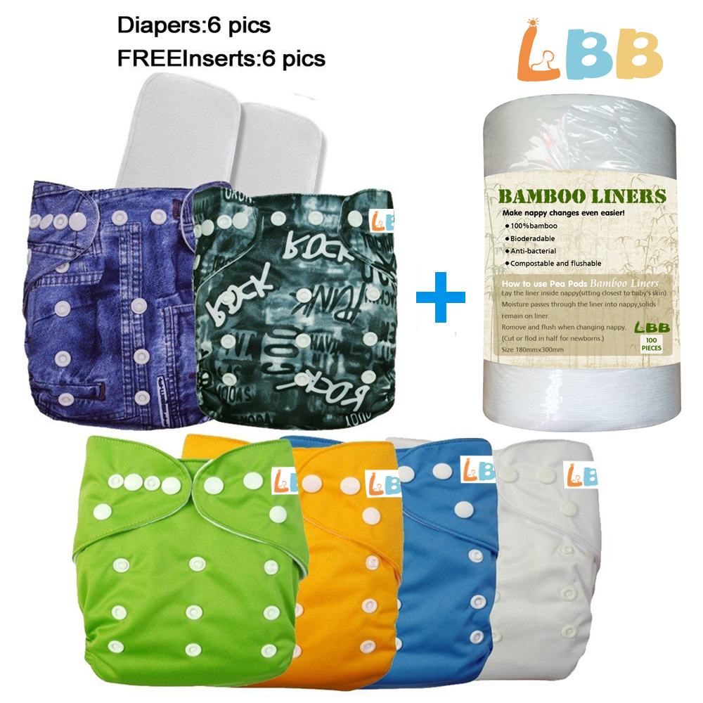 LBB(TM) Baby Resuable Washable Pocket Cloth Diaper With Adjustable Snap,6 pcs+ 6 inserts+1 roll