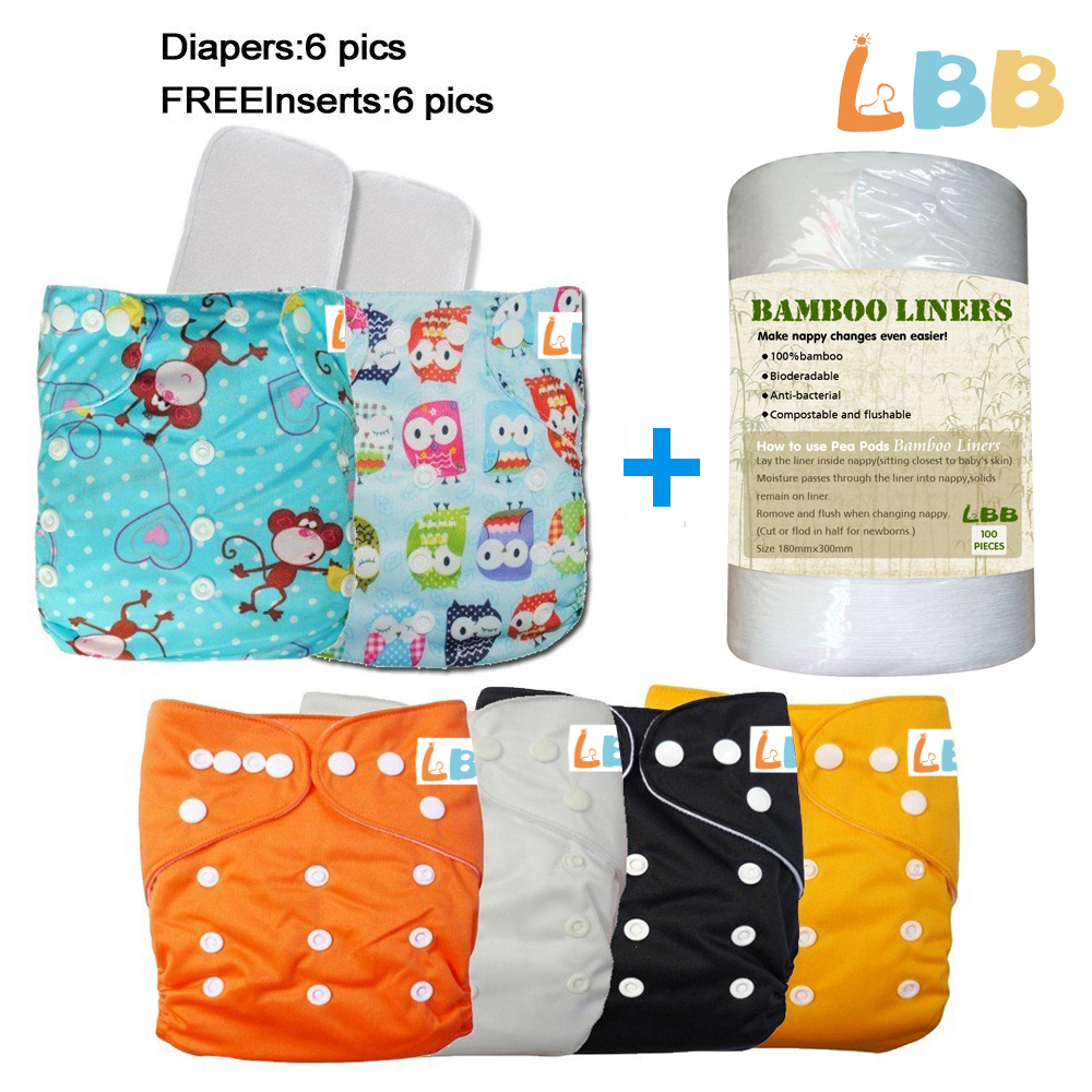 LBB(TM) Baby Resuable Washable Pocket Cloth Diaper With Adjustable Snap,6 pcs+ 6 inserts+1 roll - Click Image to Close