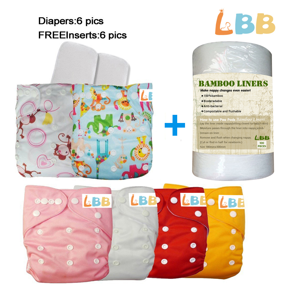 LBB(TM) Baby Resuable Washable Pocket Cloth Diaper With Adjustable Snap,6 pcs+ 6 inserts+1 roll