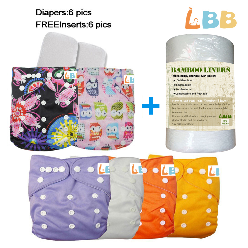 LBB(TM) Baby Resuable Washable Pocket Cloth Diaper With Adjustable Snap,6 pcs+ 6 inserts+1 roll