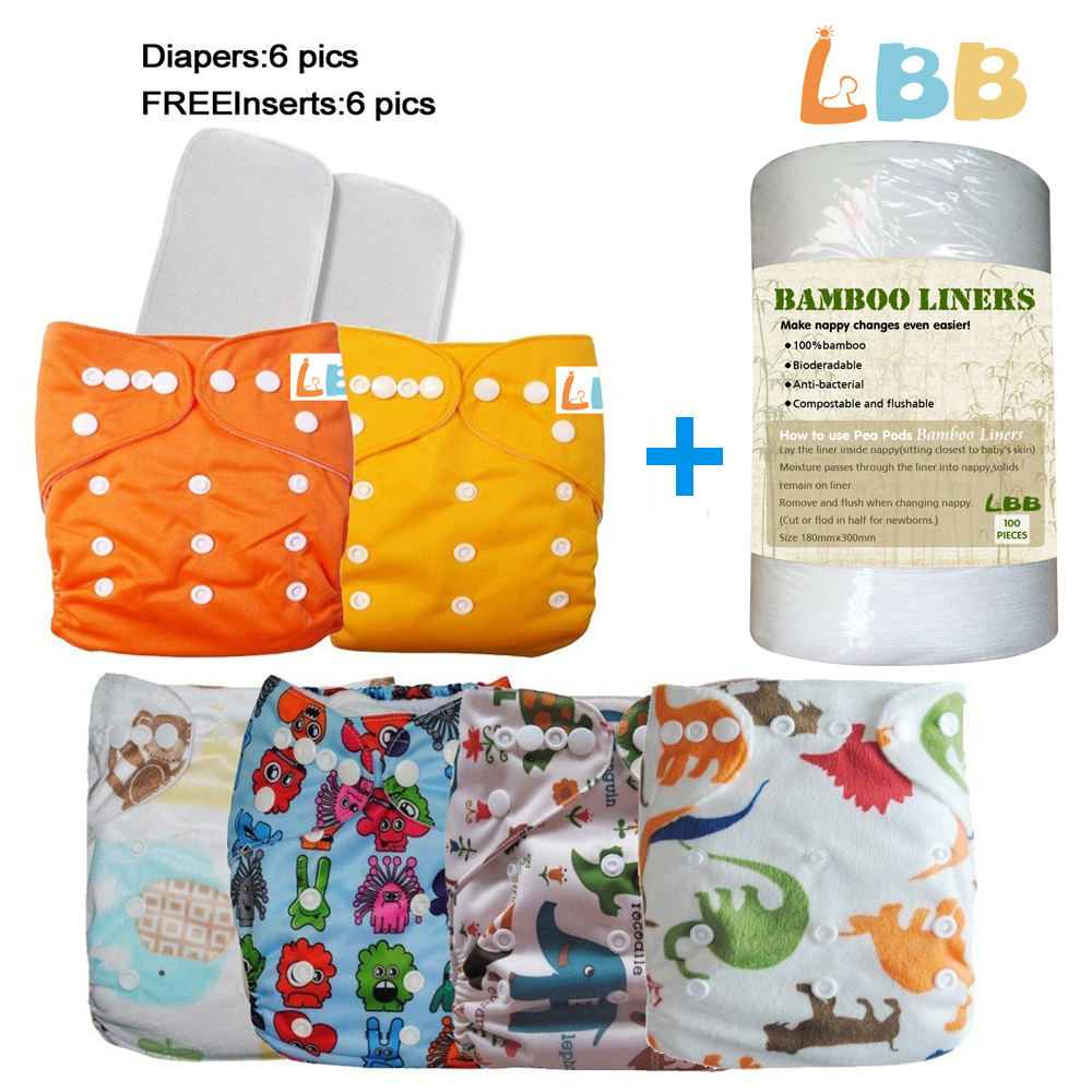 LBB(TM) Baby Resuable Washable Pocket Cloth Diaper With Adjustable Snap,6 pcs+ 6 inserts+1 roll