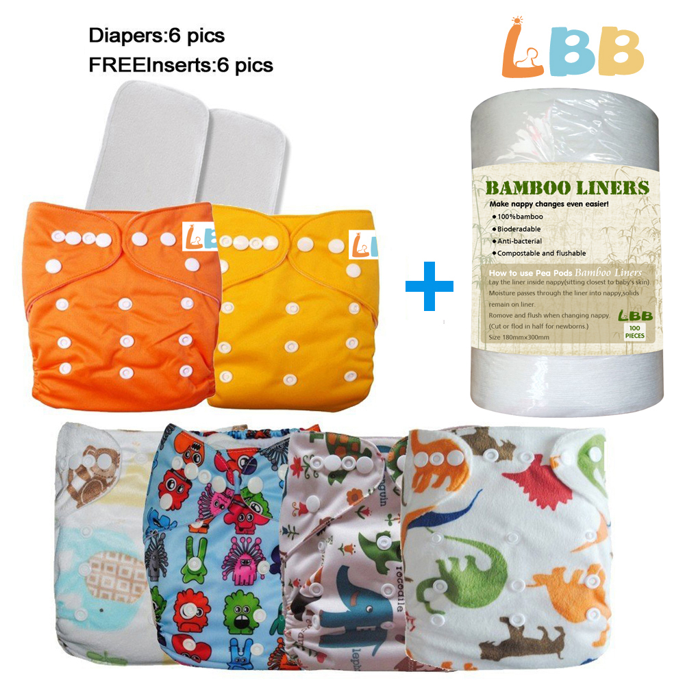 LBB(TM) Baby Resuable Washable Pocket Cloth Diaper With Adjustable Snap,6 pcs+ 6 inserts+1 roll - Click Image to Close