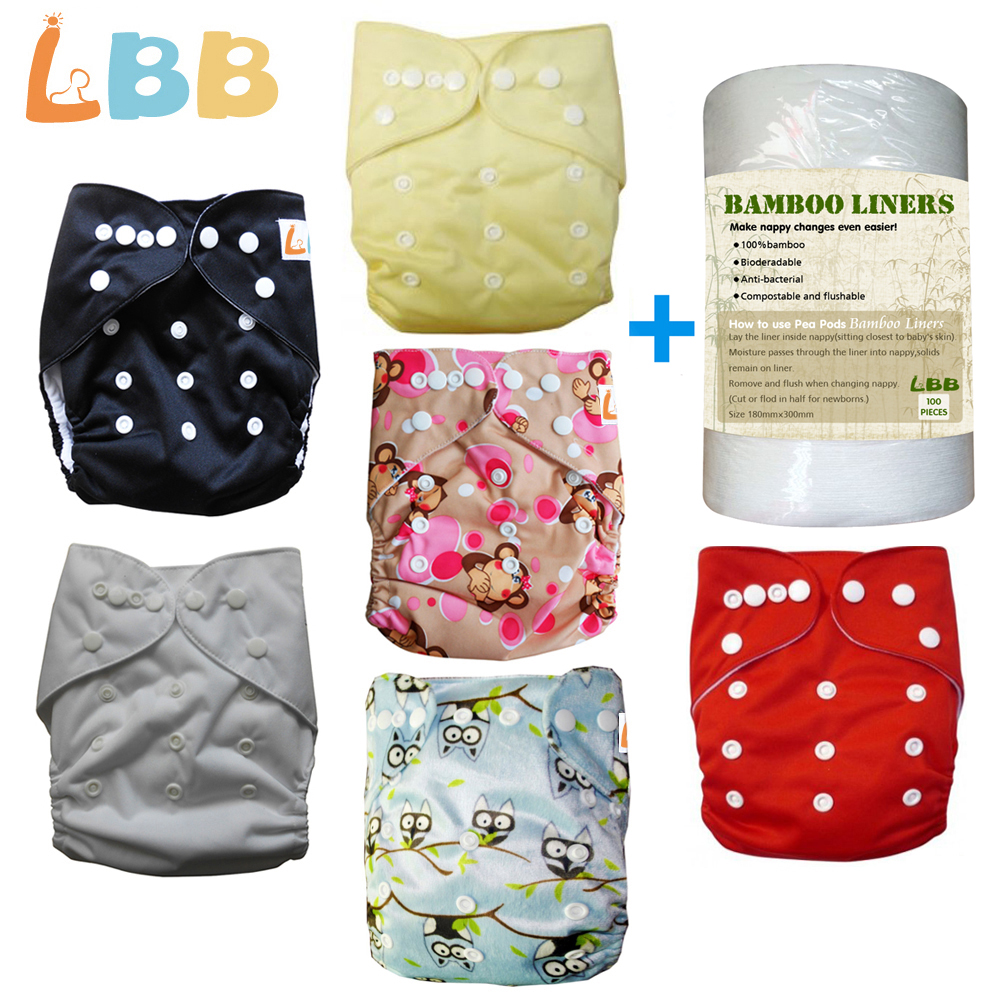 LBB(TM) Baby Cloth Diapers Reusable One Size Pocket, 6 pc + 6 Inserts+1 roll of liner - Click Image to Close