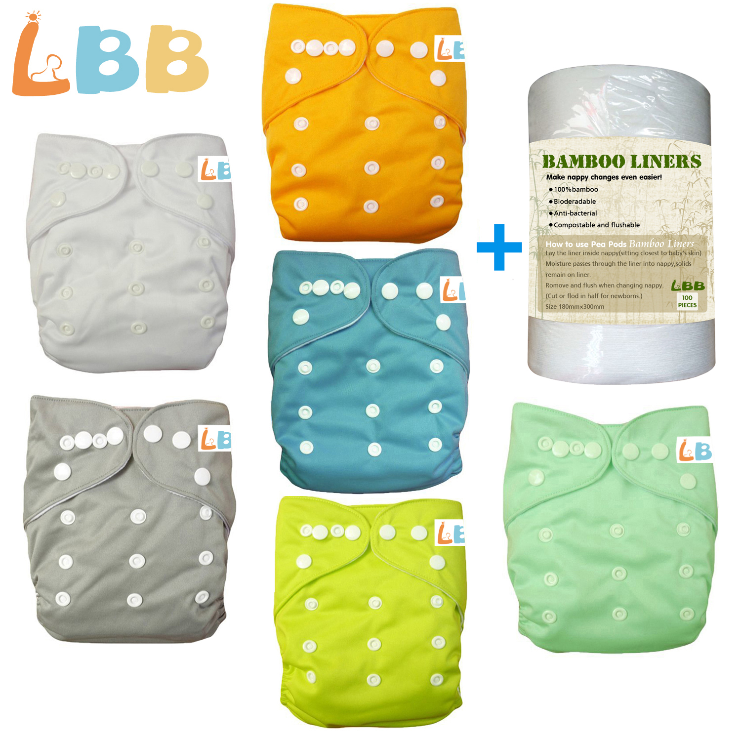 LBB(TM) Baby Double Rows of Snaps 6pcs Pack+1 roll of liner Fitted Pocket Washable Adjustable C - Click Image to Close