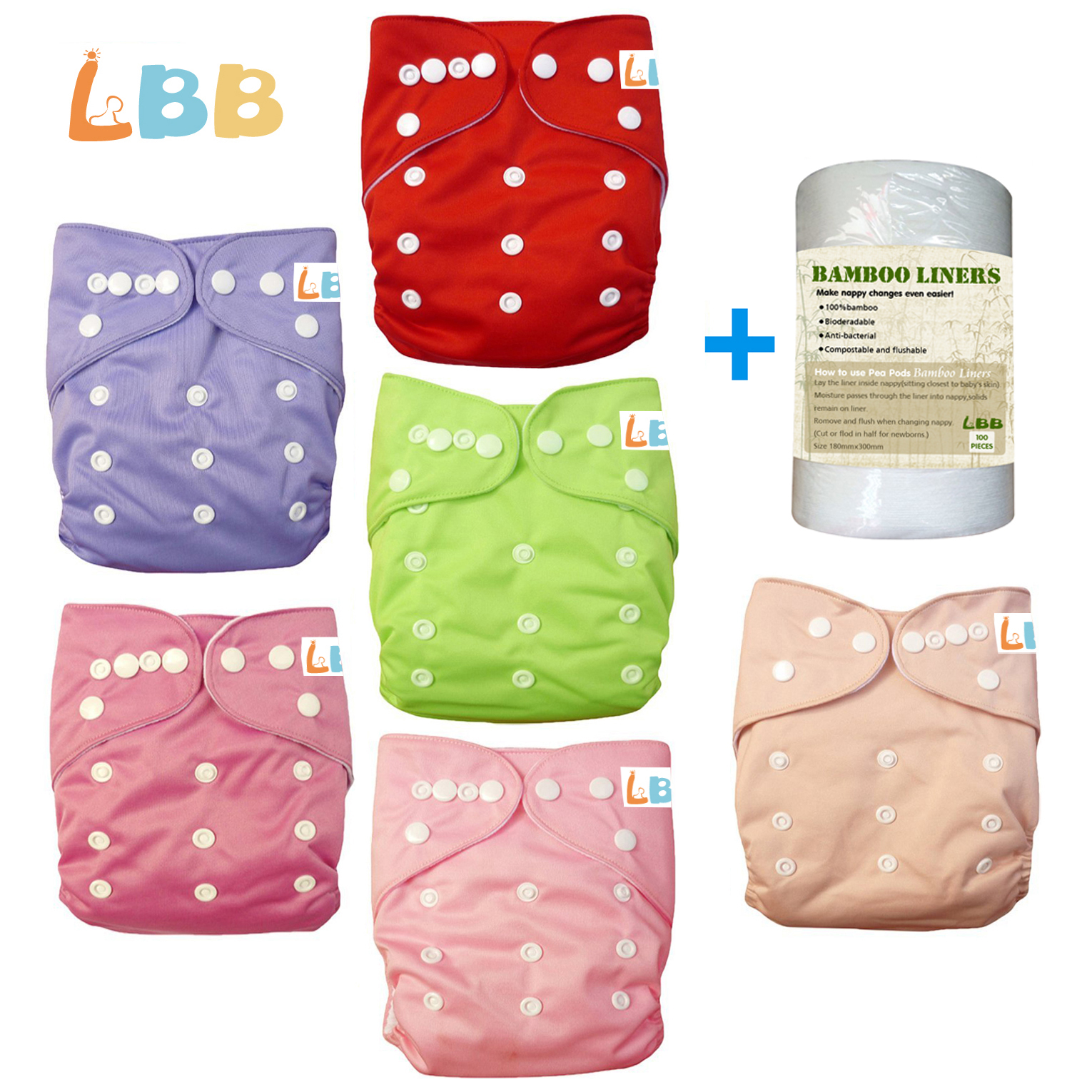 LBB(TM) Baby Double Rows of Snaps 6pcs+1 roll of liner Pack Fitted Pocket Washable Adjustable C