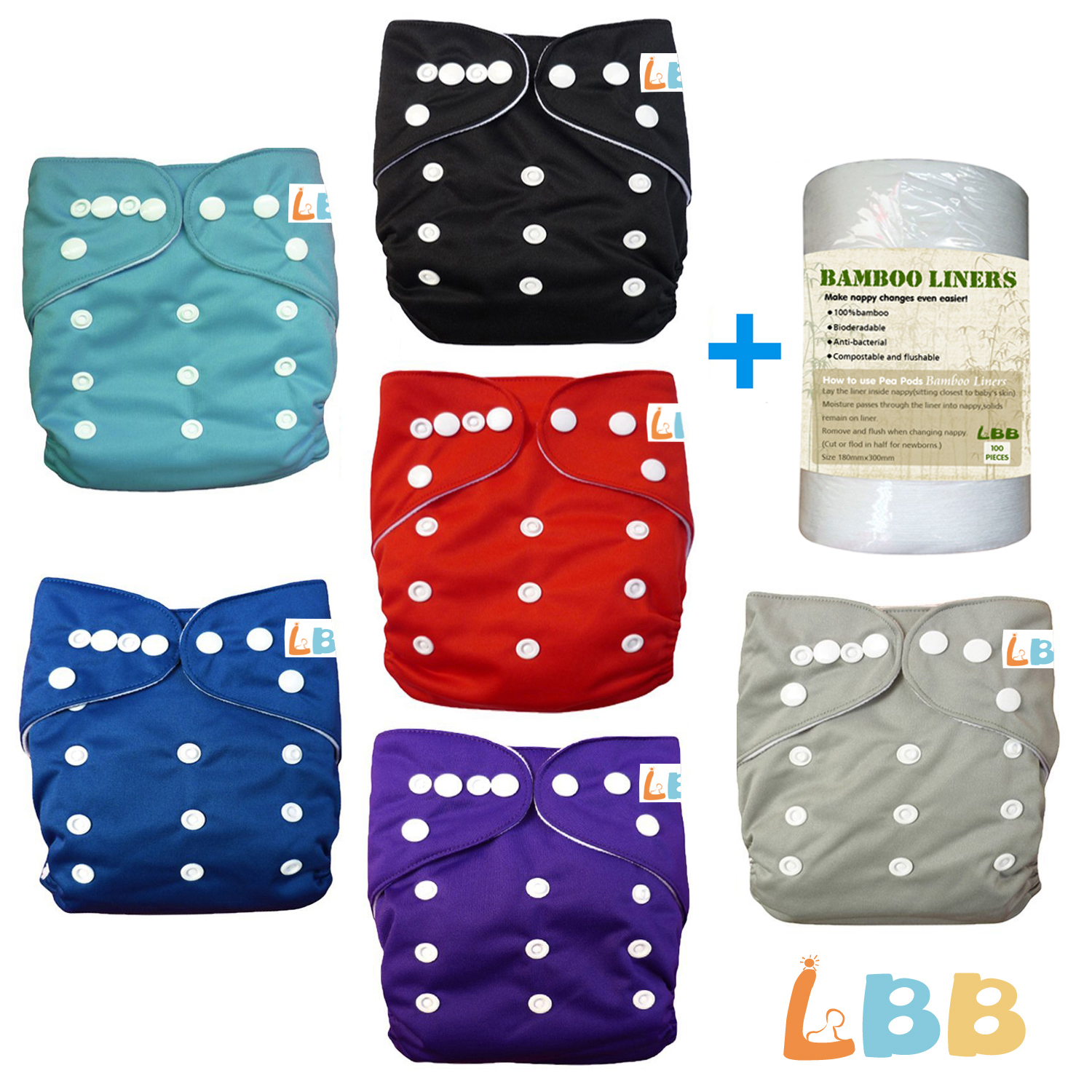 LBB(TM) Baby 6pcs+1 roll of liner Pack Pocket Adjustable Cloth Diaper?(Boy Color) 6BM99 - Click Image to Close